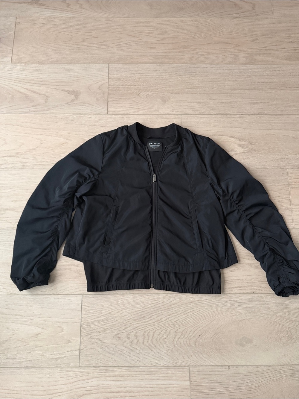 Athleta Black Ruched-Sleeve Bomber Jacket